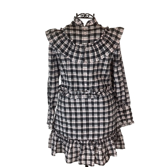 GANNI Channa Ruffled Plaid High-Neck Mini Dress | Size 6-8 - Picture 4 of 10